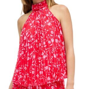 INC Women's Floral-Print Pleated Halter Top Small Flowy Sheer Lined Coral